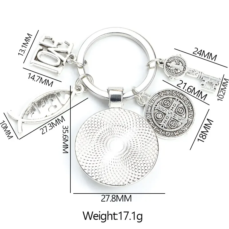 Saint Benedict Medallion Keychain Religious Jewelry I LOVE JESUS Alloy Crafts Charms Domed Glass Catholic San Benito Key Ring