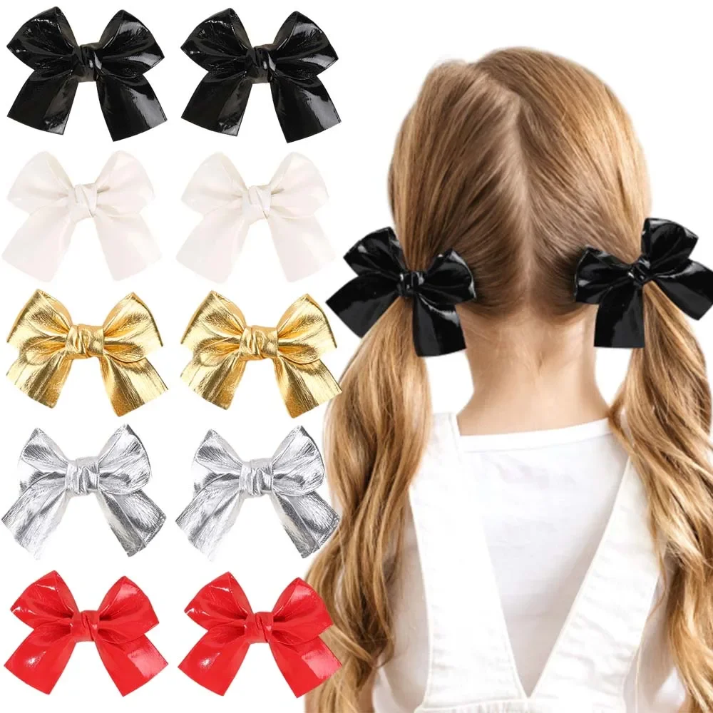 ncmama 2PCS Gold Black PU Bow Hair Clips Handmade Vintage Bowknot Hairpins Headwear Barrettes Hairgrips Kids Hair Accessories