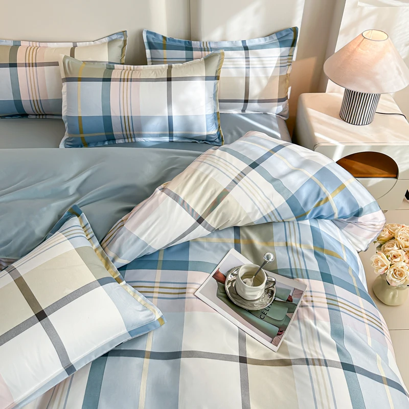 4PCS Blue Plaid Bedding Set Modern Geometric Grid Duvet Cover Set with Pillowcases Soft Breathable Bed Linen for All Seasons - view 4