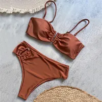 Bikini marrón brillante en forma de U, traje de baño Sexy de cintura alta para Mujer 2026, trajes de baño sólidos arrugados, traje de baño, conjuntos de Bikinis Bandeau para Mujer