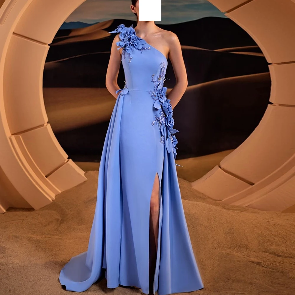 Blue Elegant Luxury Evening Dress 2024 Straight Jersey Sleeveless One Shoulder Floor Length Sweep Train Pleats Flowers Beading