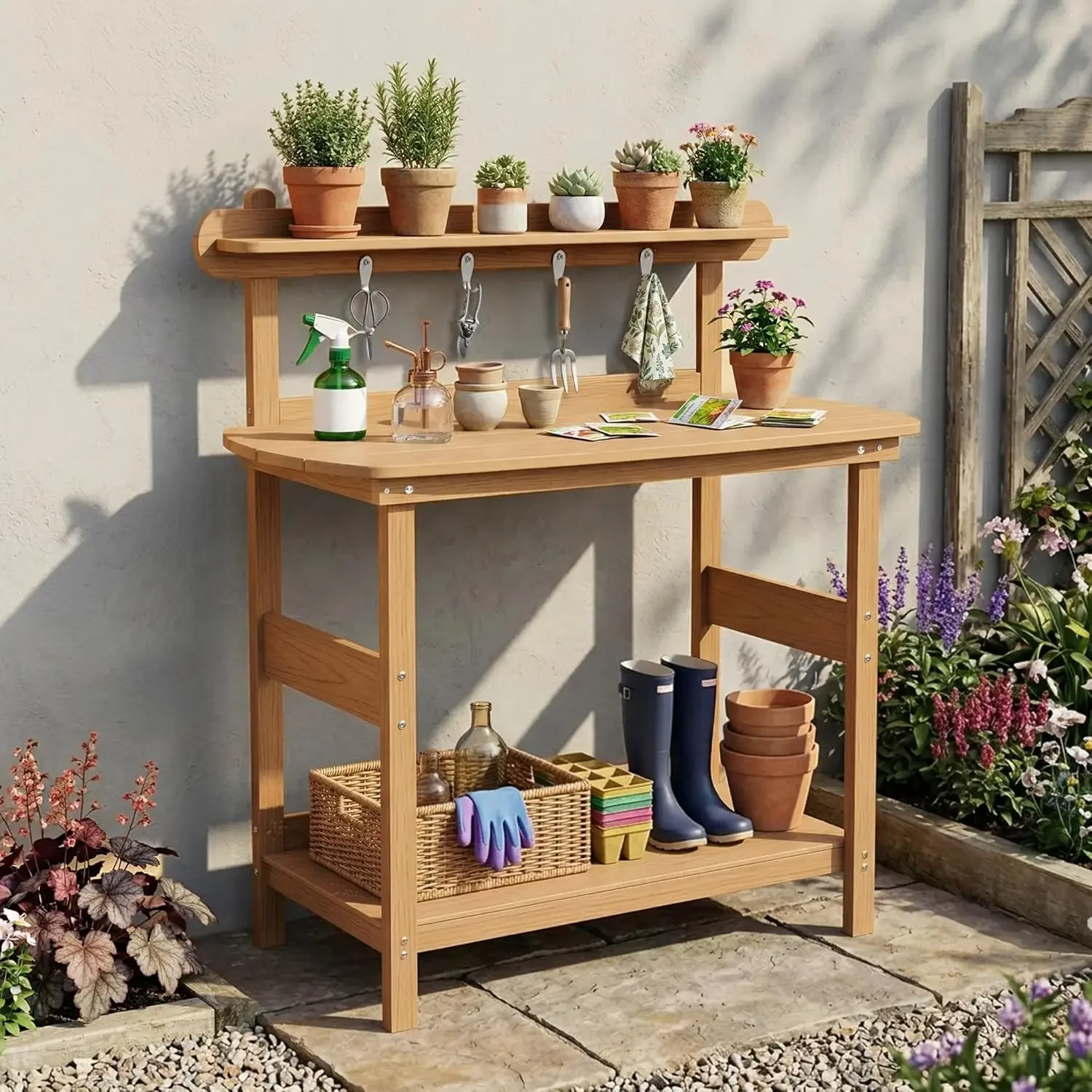 Potting Bench Table with 3-Tier Storage, HIPS Outdoor Gardening Table with 4 Self-Tapping Screws