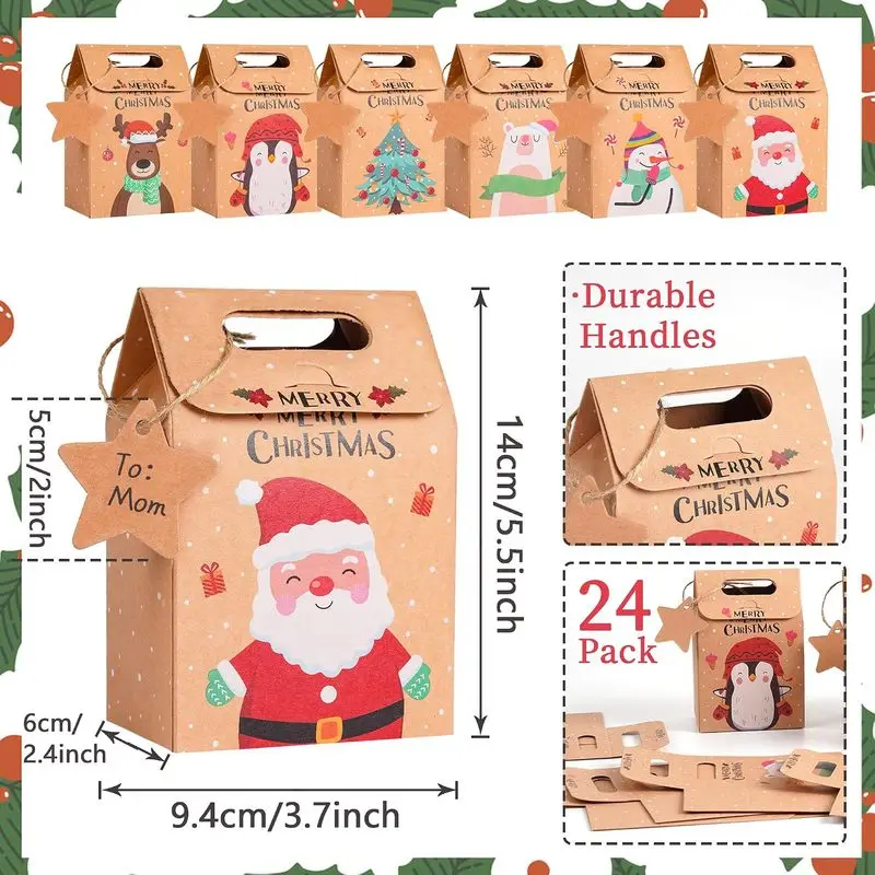 24Pcs Christmas Kraft Paper Treat Bags, Candy Gift Boxes Wrap Bags with Tags and Twines, Holiday Goodie Pouches for Xmas Party