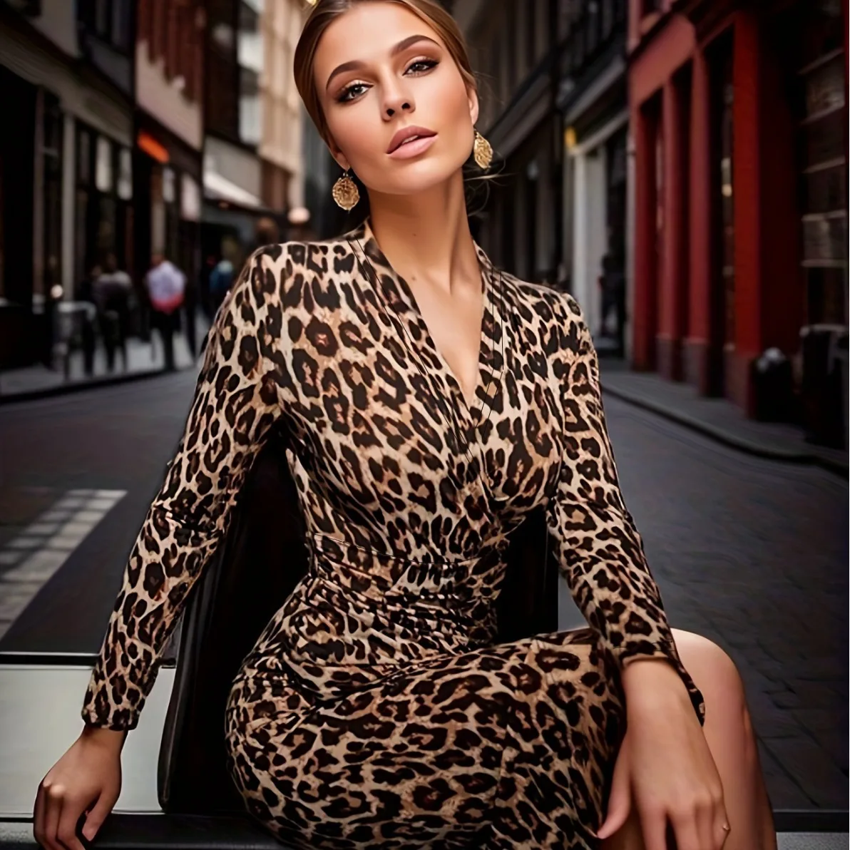 Women\'s Thigh-length Dress with Leopard Print and Slit Dresses Summer Woman Long Sleeve Vestidos De Manga Larga Vestidos Midi