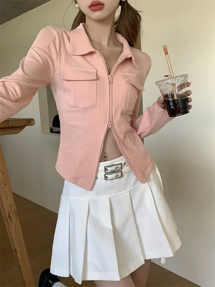 قميص نسائي أنيق محبوك بأكمام طويلة، ياقة بولو، تصميم قصير ضيق، موضة ربيع وخريف، ملابس كاجوال عصرية