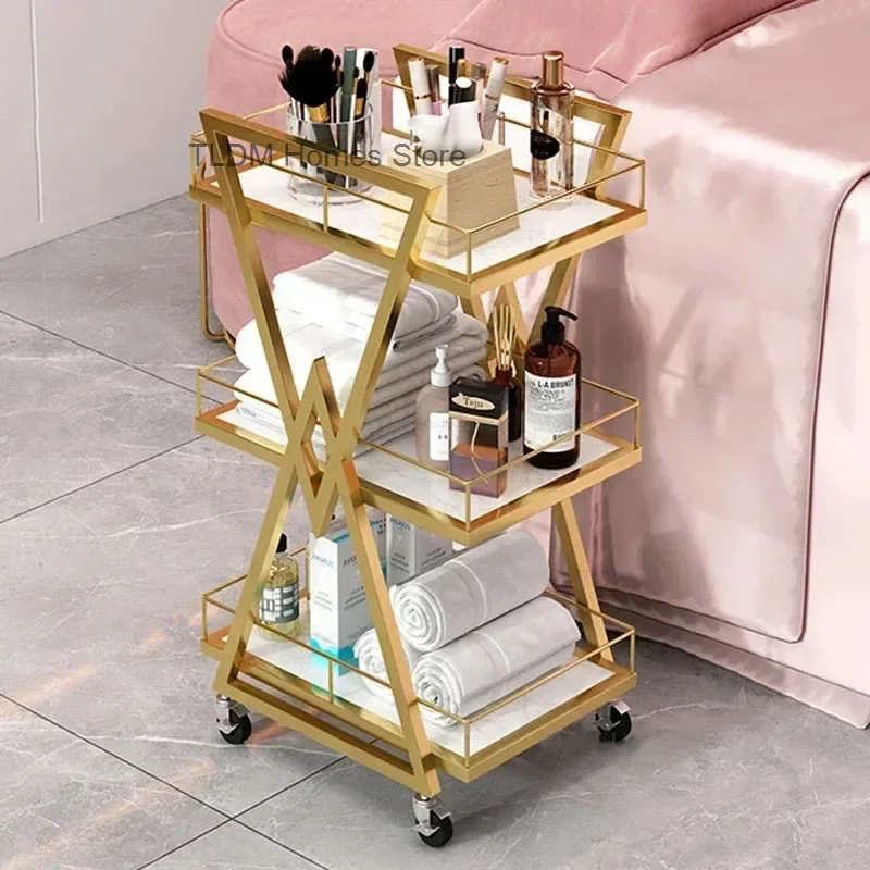 Modern Iron Salon Trolleys Beauty Salon Tool Cart with Wheels Nordic Salon Furniture Professional Auxiliary Trolley Storage Rack