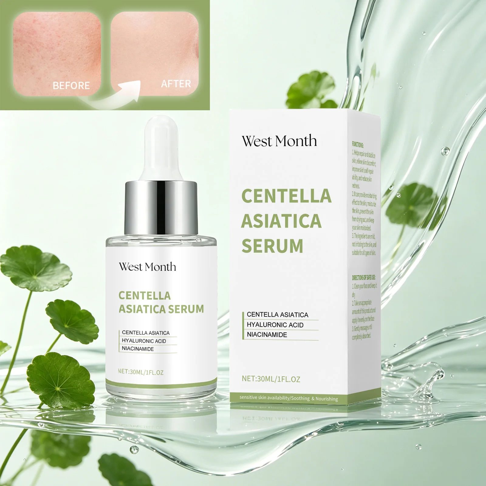 Centella Asiatica Serum Brightening Hydrating Facial Essence Soothing Moisturizing Anti-Redness Beauty Skincare Smooth Texture