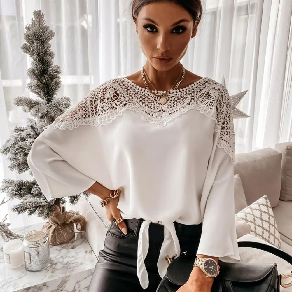 White Blouse Women Chiffon Ruffles Solid Loose Fit Womens Tops And Blouses Casual Lace Up Shirts Tunic