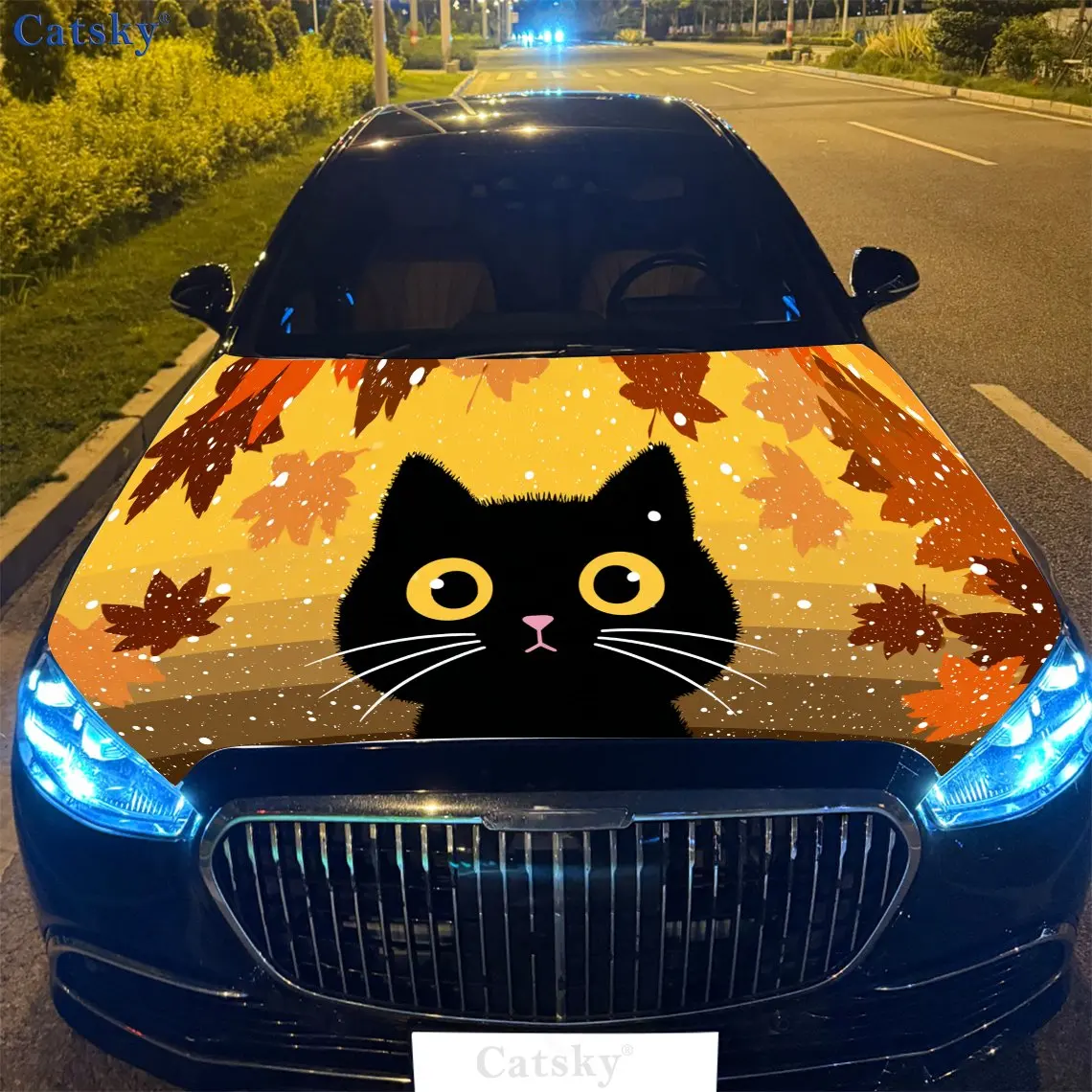 

Осенний лист, черный кот, ПВХ автомобильные виниловые обертывания, самоклеящаяся водонепроницаемая наклейка на капот автомобиля, защитные наклейки для украшения автомобиля f