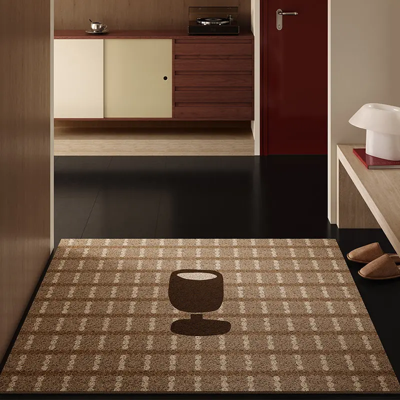 Brown Striped Coffee Cup Pattern PVC Coil Dirt Trapper Mat Anti Slip Cuttable Indoor Doormat Easy Clean Welcome Floor Rug
