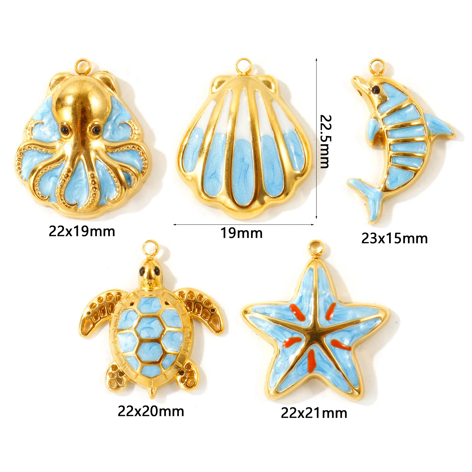 2pcs Ocean Jewelry Animal Fish Octopus Sea Turtle Charms Blue Enamel Stainless Steel 18K Gold Plated Women DIY Necklace Jewelry