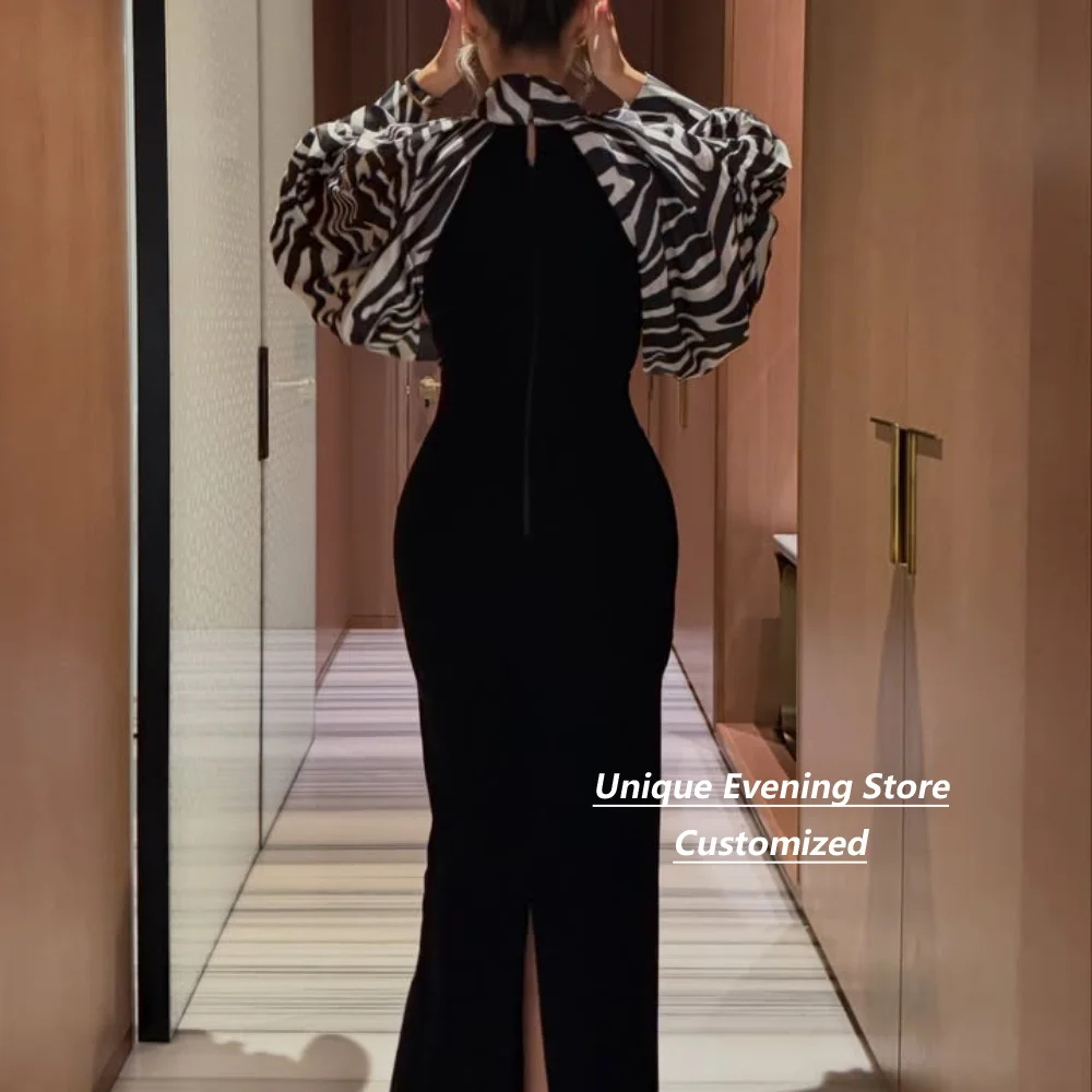 Customized Black Mermaid Zebra Print Puff Sleeve Cape Keyhole Neck Mother Of The Bride Gown Wedding Guest Gala Banquet Party