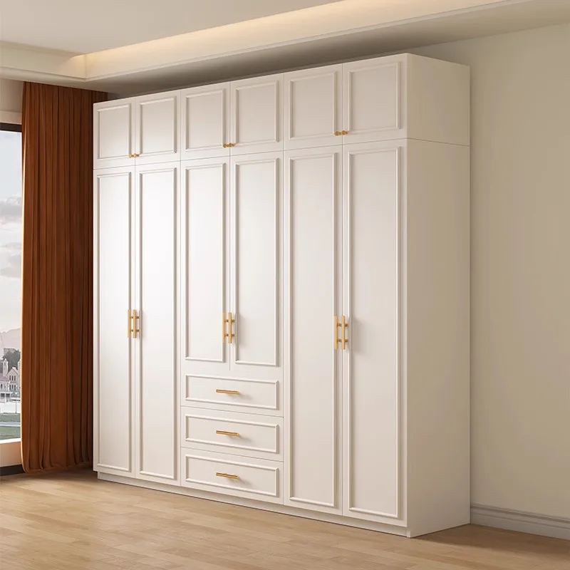 

#White solid wood wardrobe with gold hardware, modern minimalist style home furniture clothing cabinet