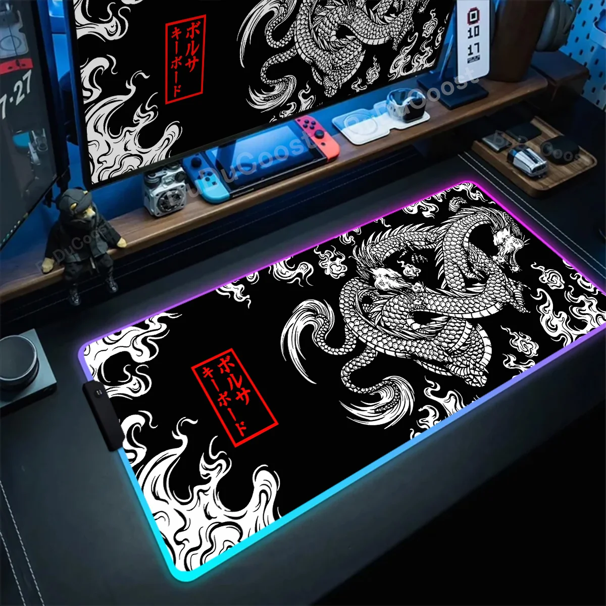 Dragon japonés-alfombrilla de ratón RGB con borde de bloqueo, 80x30cm, teclado para juegos, ratón de mesa, XXL, LED, Cool Deskmat para regalo