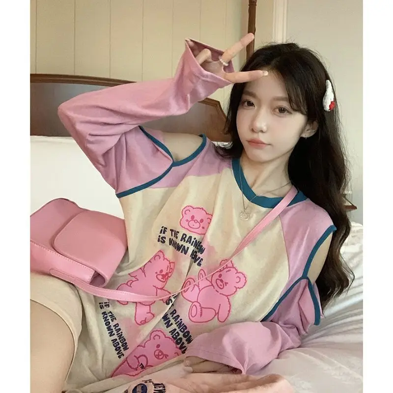 Cute Bear T Shirt Women Spring and Summer New Design Sense Sweet Long-sleeved Tops Students Loose Versatile Tees Female