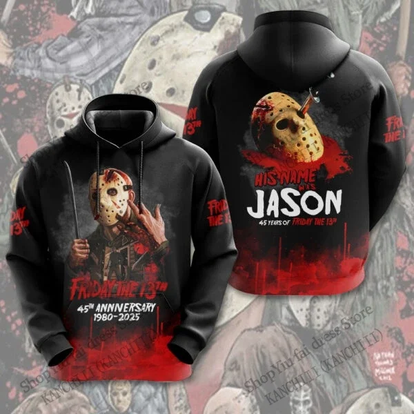 سترة Jason Hoodie للرجال بطباعة فيلم الرعب للذكرى الـ 45، بلوفر أسود وأحمر مع جيب الكنغر، سويت شيرت للجنسين ملابس الشارع الشهير