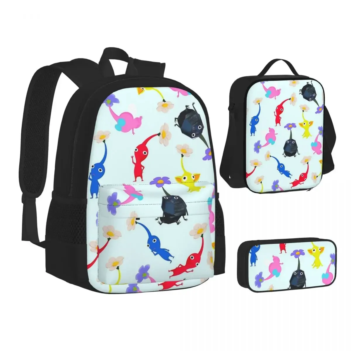 Pikmin Backpacks Boys Girls Bookbag Students School Bags Cartoon Kids Rucksack Lunch Bag Pen Bag Three-Piece Set