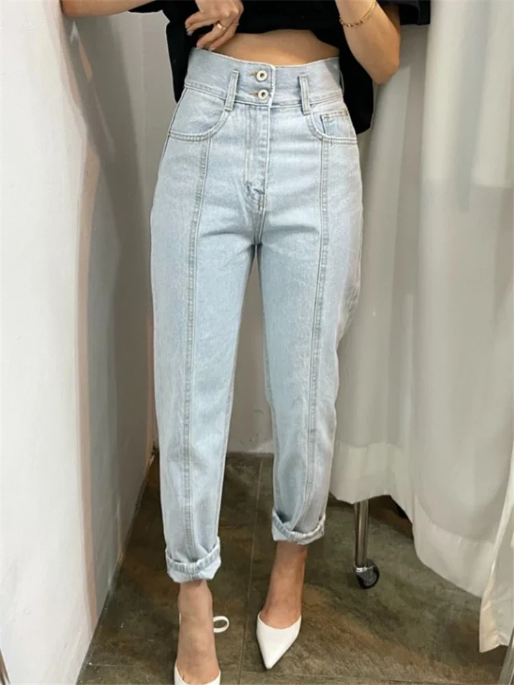 REALEFT tasche anteriori pantaloni Casual in Denim da donna 2024 nuovi pantaloni Jeans da donna dritti a vita alta Vintage tinta unita femminili