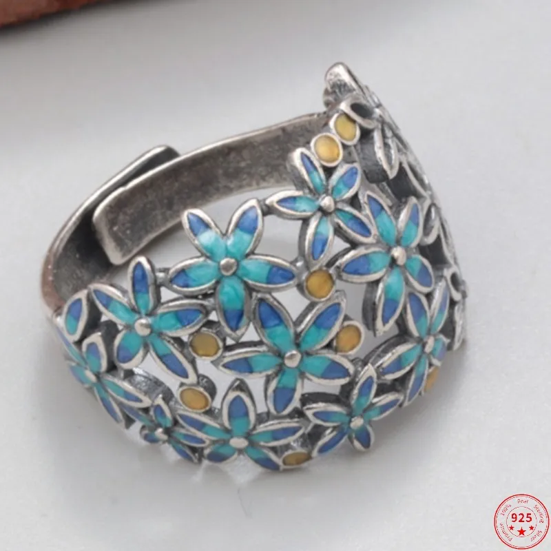 

S925 Sterling Silver Rings for Women New Women's Fashion Enamel Hollow Little Flower Adjustable Pure Argentum Jewelry