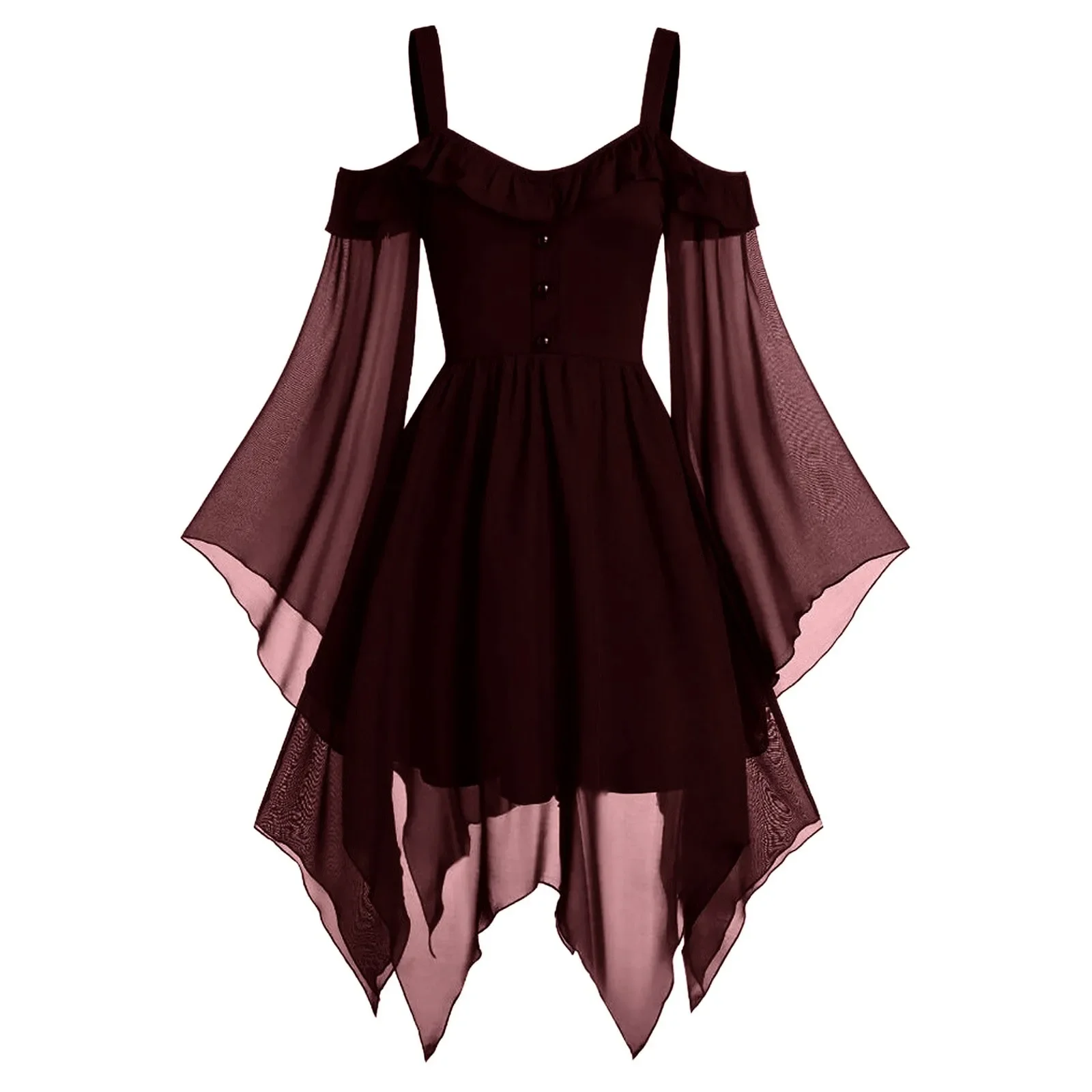 Vestido gótico Medieval Vintage para mujer, vestido elegante de Color sólido con dobladillo asimétrico, vestidos góticos con volantes y hombros rocíos para mujer