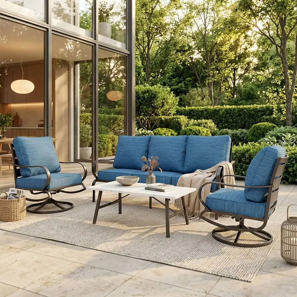 

4-Piece Patio Conversation Set with 5-Seat Outdoor Metal Sofa, 3-Seat Loveseat, 2 Swivel Chairs, Coffee Table, and Peacock Blue