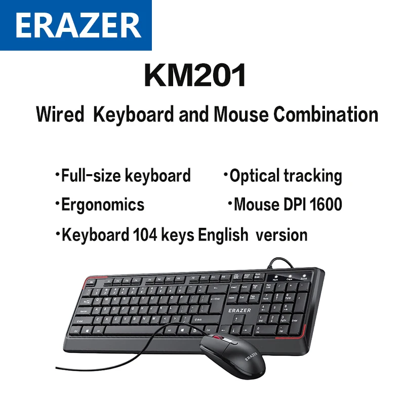 Erazer KM201 Wired keyboard and mouse set, ergonomic design, full-size keyboard
