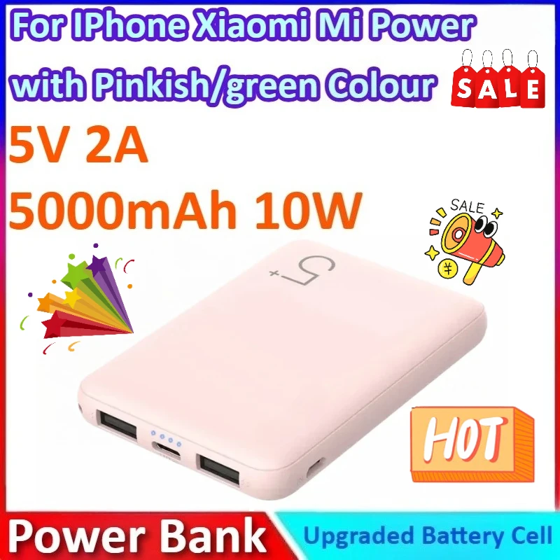 

New 5000mAh 10W 5V 2A Polymer Portable Phone Charger Type C Power Bank for IPhone Xiaomi Mi Power Bank with green/Pinkish Colour