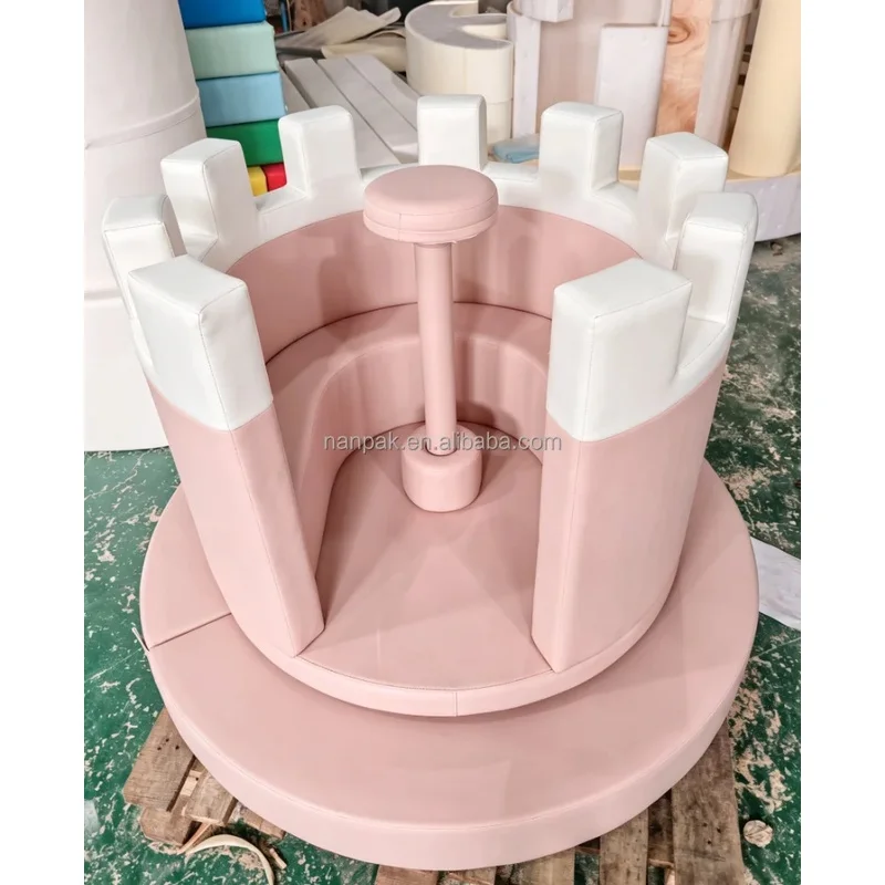 Pastel Pink Castle Shape Soft Play Merry Go Round Soft Carousel Toddler Soft Play Equipment for Party Rental Indoor Playground