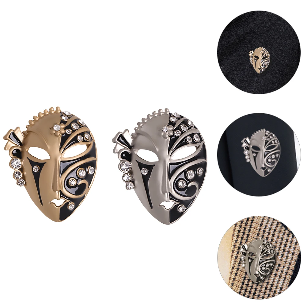 

2Pcs Punk Mask Corsage Rhinestone Brooch Alloy Fashion Women Wear Long Lasting Luster Multi Functional Clothes Accessories
