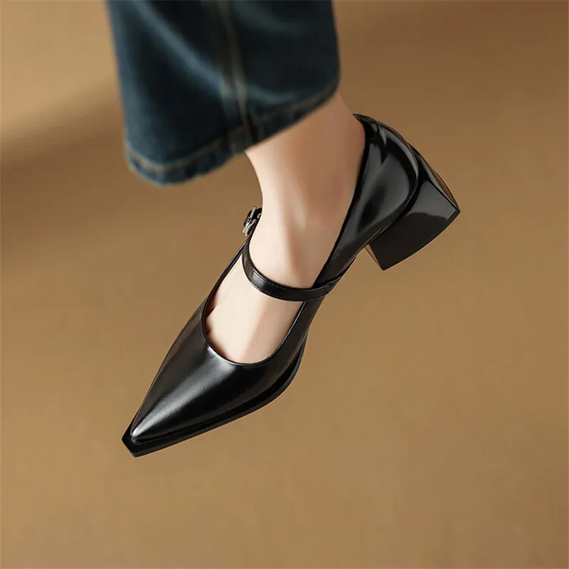 New Spring Split Leather Women Shoes Pointed Toe Women Pumps Fashion Retro Mary Jane Shoes for Women High Heels Ladies Shoes