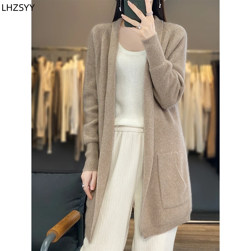 LHZSYY Autumn Winter New 100% Merino Wool Cardigan Ladies Thick Long Coat Warm Scarf Collar Sweater Large size Women Jacket Tops