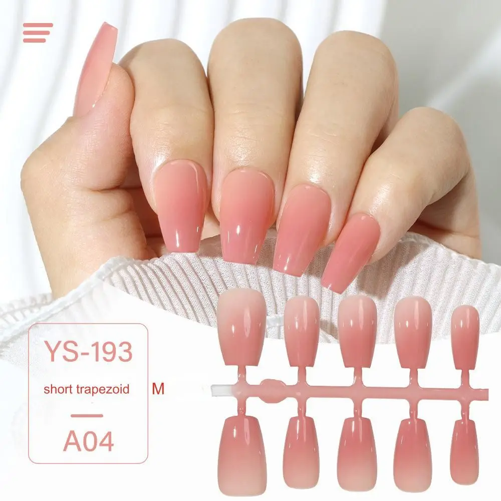 Uñas postizas serie rosa, 10 piezas, necesita pegamento adhesivo, Color degradado suave, tamaño M, brillo trapezoidal corto