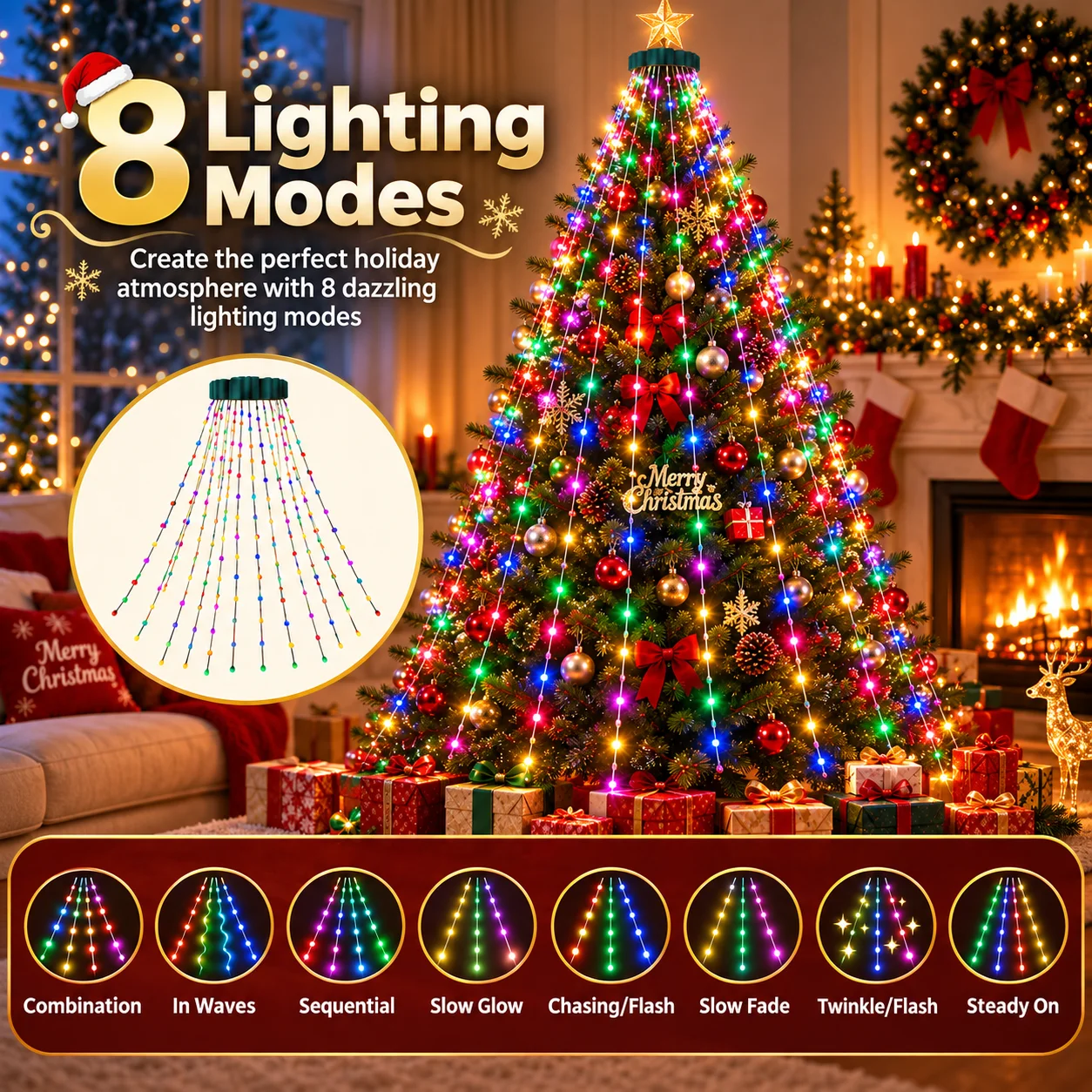 Christmas Tree Lights USB Multicolor LED Ring Tree 220/400LED 8 Modes for Window Wall Door Bedroom Party Holiday Decor