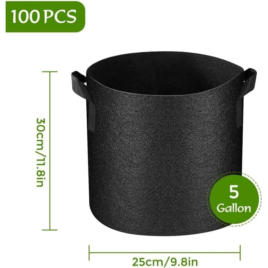 Garden fruit vegetable flower growing: heavy duty nonwoven fabric pots, black, breathable with handles, 5 gallon, 100 pack