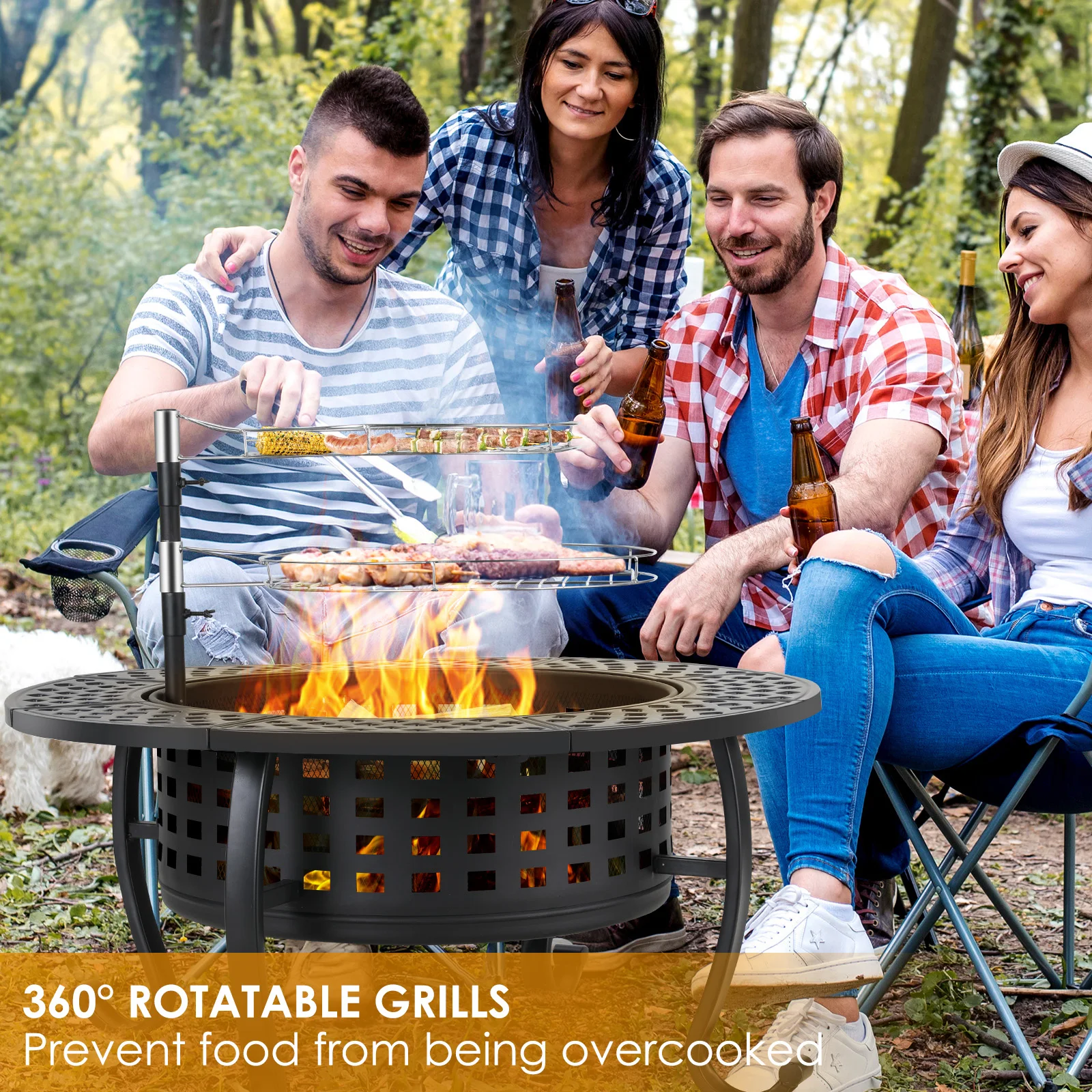 

2 in 1 Fire Pit Grill 2 Barbecue Grills with Cover, Outdoor Wood Burning Fire Pit 37"(94cm) Grill Backyard Patio BBQ Camping