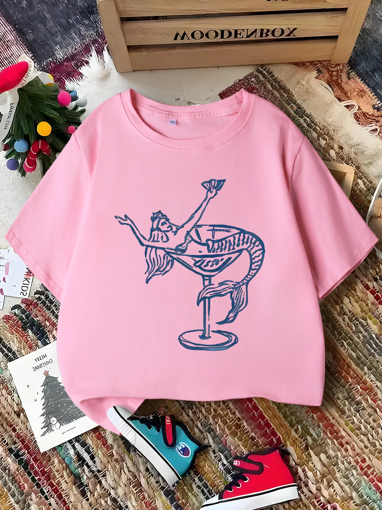 Mermaid Cocktail Line Art Print Kids Tee Boys Girls Family Matching Short Sleeve Soft Breathable Daily Parent Child Comfort Tops