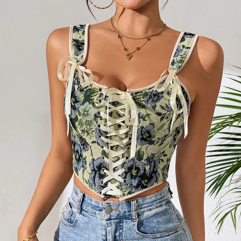 Vintage Floral Tank Wide Strap Top Corset Camisole Front Lace Up Bow Detail Boned Slim Crop Bustier Cottagecore Summer Vest