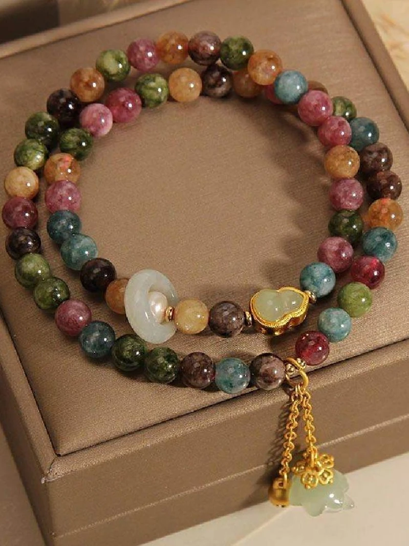 natural-tourmaline-double-ring-bracelet-women's-summer-ethnic-style-multi-layer-gourd-bell-orchid-pendant-hand-bracelet