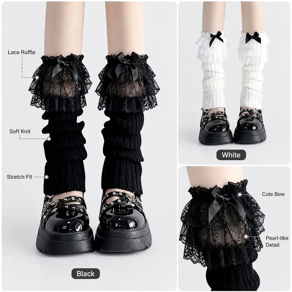 New Ruffled Bow Lace Leg Warmers Lace Trim Tiered Knitted Leg Warmers Sweet Gothic Style Foot Warmer Girls Women