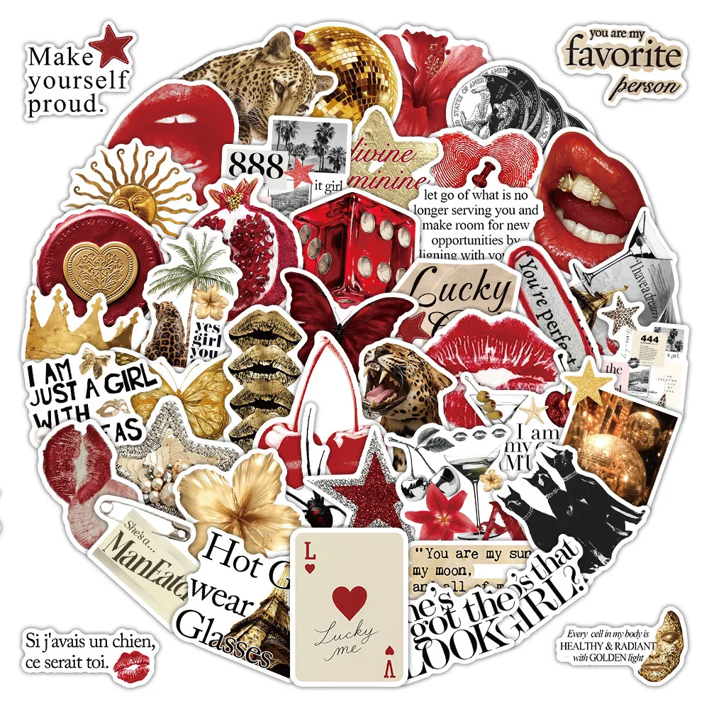 52Pcs Vintage Hot Girl Fashion Stickers, Golden Star, Heart & Crown Graffiti Decals for Phone Case & Journal DIY Decor