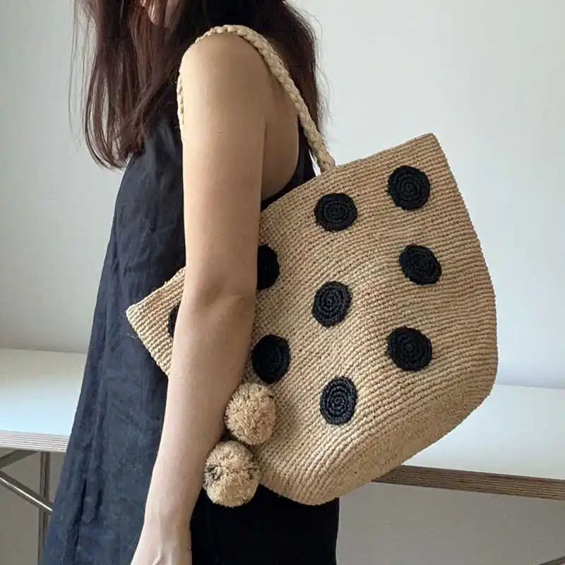 

Natural Raffia Straw Tote Bag Large Capaci Casual Handbag Summer Beach Vacation Single Shoulder Handheld Bag for Women