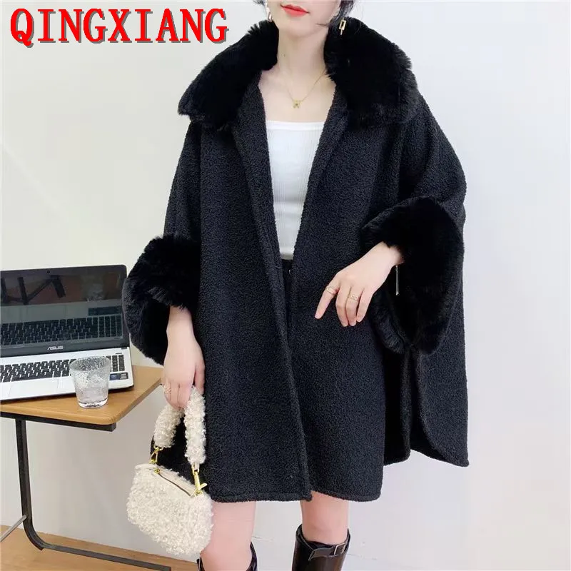 

Women Winter Turn-Down Faux Fur Collar Poncho Jacket Big Pendulum Cape Oversize Granular Velvet Cloak Batwing Sleeves Long Coat