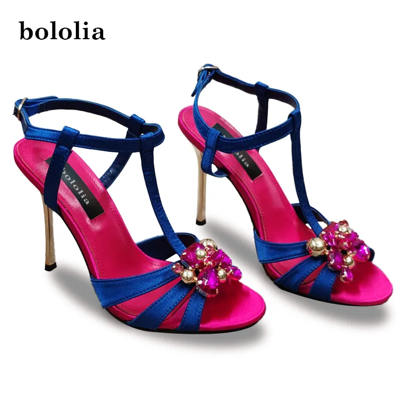 

BOLOLIA High Quality Fashion New Style Rhinestone T-Strap Open-Toe Stiletto Sandals Crystal Sexy Satin Lady Party Shoes