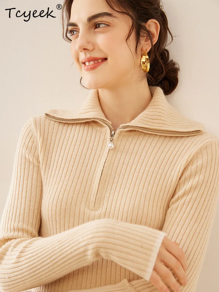 

Tcyeek, Cashmere Wool Elegant Sweaters, Women Zipper Collar Stripe, Fashion Slim OL Sweater, Autumn Winter Thick Top T485123QM