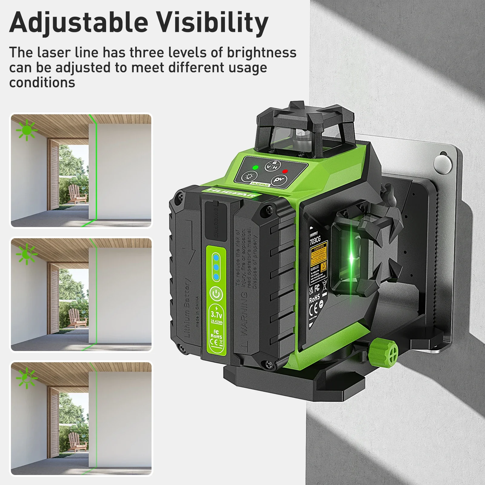 Huepar 703CG Green 12 Lines 3D Laser Level Self-Leveling Cross Line Adjust Bright Alignment Laser Tool with Li-ion Battery