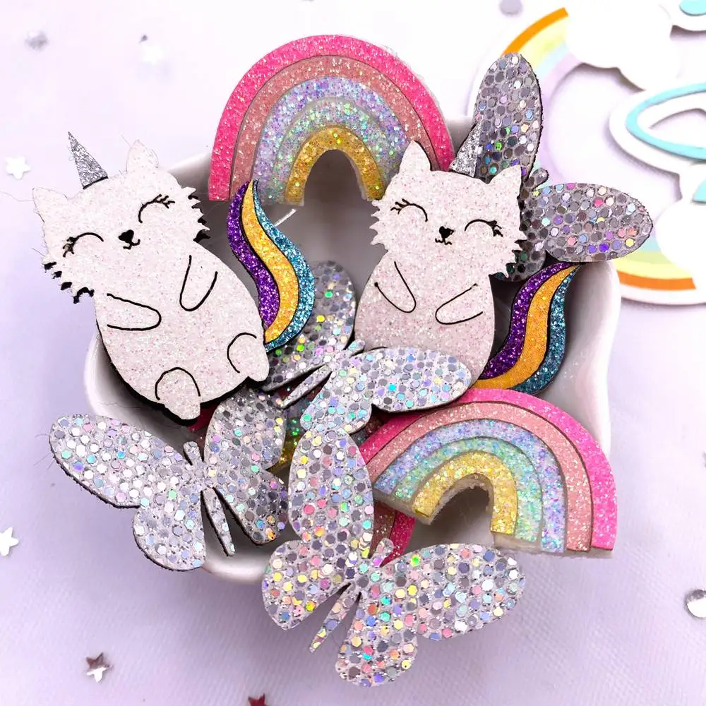 10pcs Felt Fabric Glitter Bepowder Cartoon Colorful Butterfly Rainbow Unicorn Cat Patch Sewing DIY Hair Bow Applique Craft