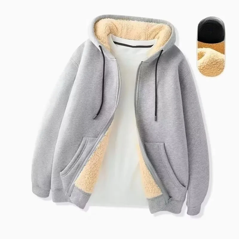 

Zipper sweater men 2025 autumn and winter new thickened velvet loose Korean version solid color lamb wool hooded jacket