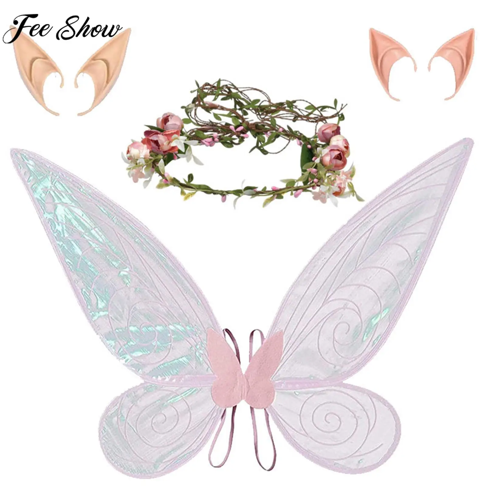 

Girls Halloween Angel Elf Cosplay Costume Props Butterfly Wings with Floral Crown Fairy Ears Theme Party Dressup Accessories