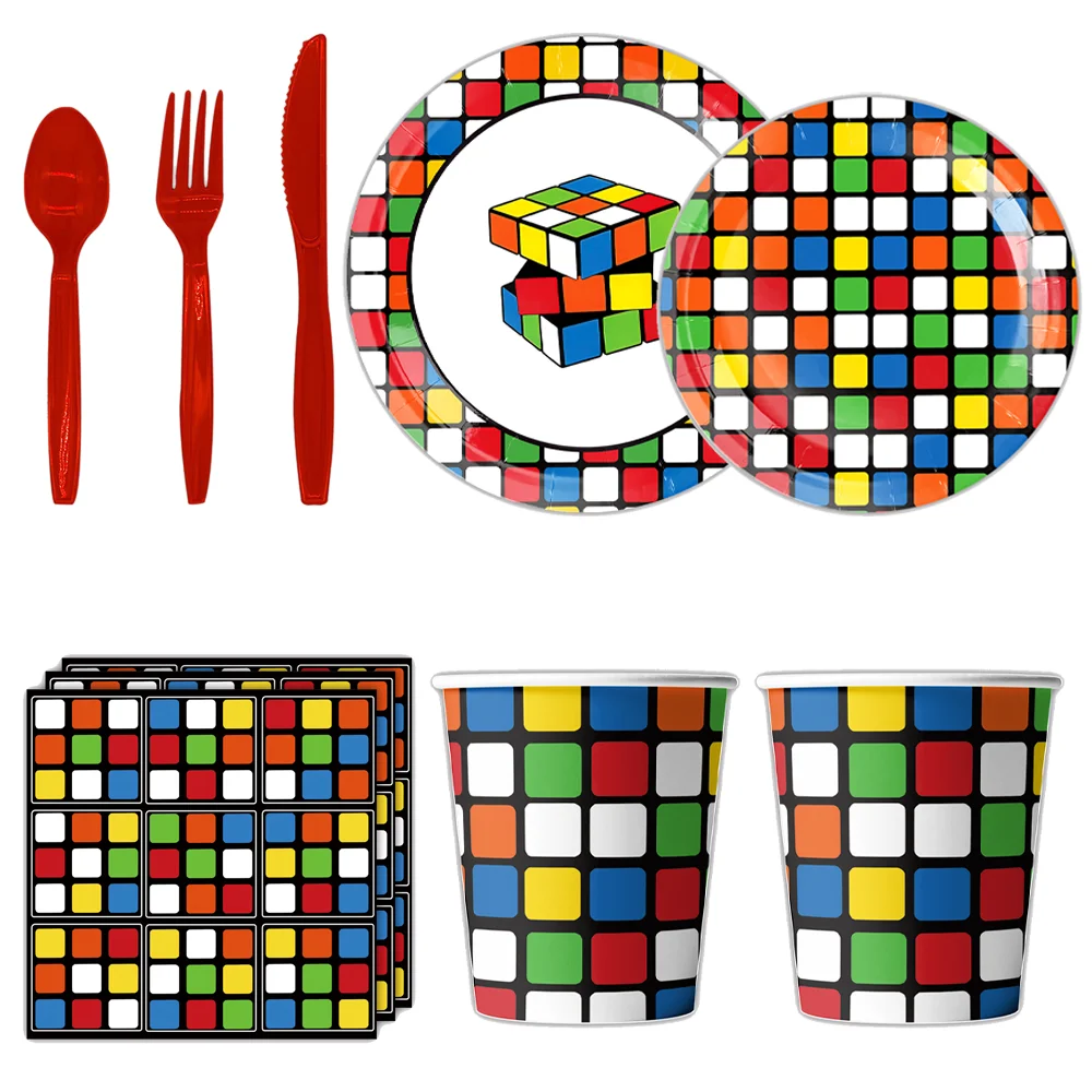 Rubik\'s cube Birthday Party Decoration Kids Shower Boys Girls Tableware Supplies Tablecloth Balloon Cake Topper Straw