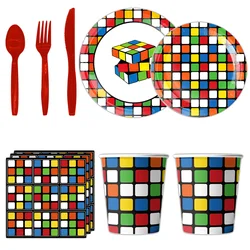 Cubo di Rubik decorazione per feste di compleanno bambini doccia ragazzi ragazze stoviglie forniture tovaglia palloncino Cake Topper paglia